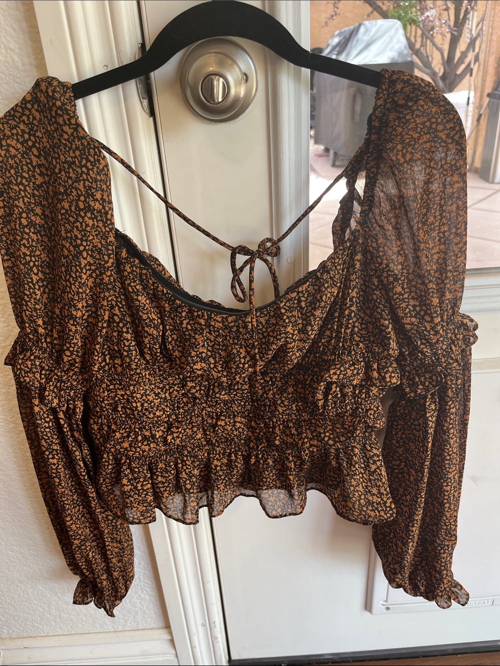 Astr Brown Floral Long-Sleeve Smocked Crop Top